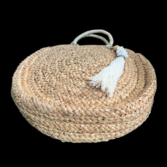 Vintage bag woven natural fiber rafia large round shape tassel embellishment - Picture 4 of 8